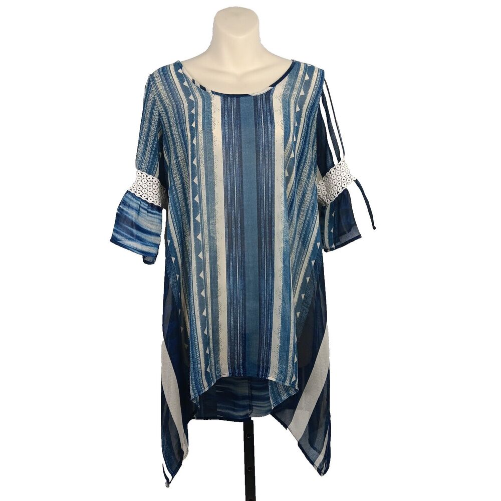 Vision USA Light Weight Tunic SharkBite Hem Crochet Accent Sleeve Sheer Fabric M